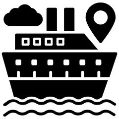 Obraz premium A big cruise ship with location marker in sea where zigzag waves indicating water, a notion for sea route icon 