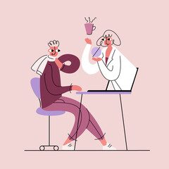 Vector illustration with online consultation of patient by doctor. The concept of telemedicine, virtual treatment. It can be used in web design, banners, etc.