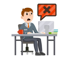 Sad office worker under stress. Cartoon flat illustration. Man sitting at computer. error message is bug and virus. access is closed. Work for service repair
