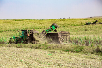 Barra Bonita/SãoPaulo/Brasil-05/02/2020: Sugar cane harvesting machine working.