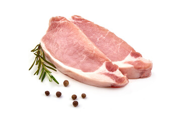 Sliced raw pork steaks, isolated on white background