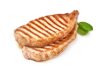 Grilled juicy pork steak, isolated on white background