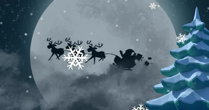 Animation of winter scenery with santa claus in sleigh being pulled by reindeers
