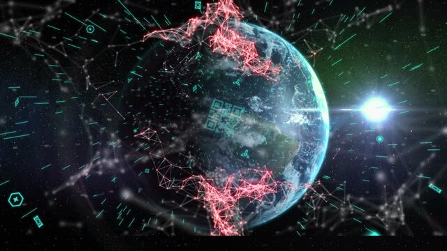 Animation of QR code with web connection over globe spinning with bright light