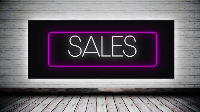 Digital animation of sales text in neon rectangle frame over wooden surface against grey brick wall 