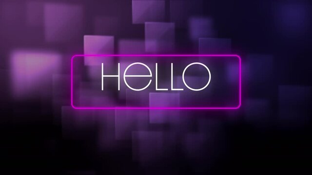 Digital animation of hello text in neon rectangle frame against multiple square shapes on purple bac