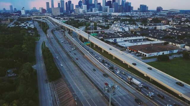 Beautiful aerial view of Downtown Houston at Dusk.