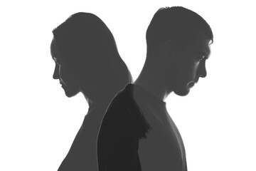 multi exposure black and white silhouettes of portraits men and women on white background. Divorce...