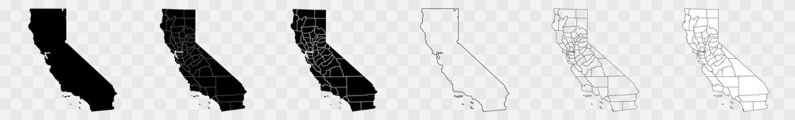 California Counties Map Black | State County Border | United States | US America | Transparent Isolated | Variations - obrazy, fototapety, plakaty