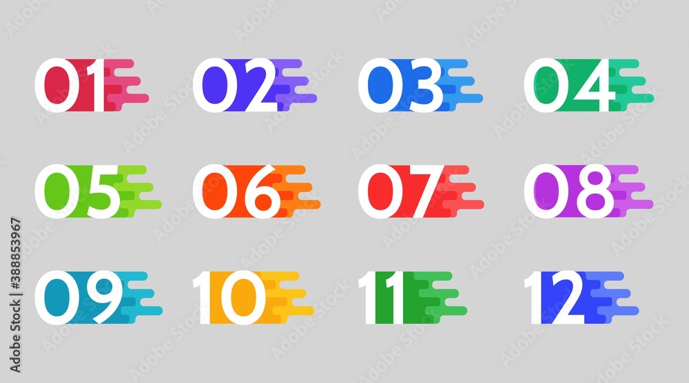 Aufkleber Bullet points data, info markers. icon arrow set. Number Flags 1 to 12 Flat design isolated vector. infographic illustration.