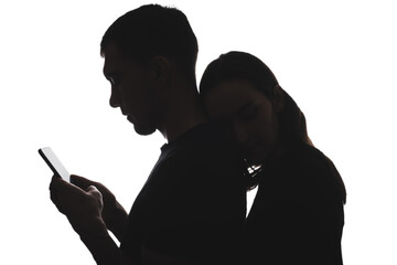 black and white silhouettes of portraits men with smartphone and women on white background. technical dependency