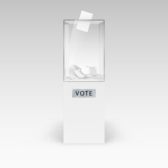 Illustration of the Realistic Ballot Box with Voting Paper in Hole. Voting Transparent Container with a Falling Ballot Paper. Art Design Glass Case is on Museum Pedestal, Stage on Gray Backdrop