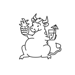 White bull with pineapple and cocktail - chinese new year symbol or logo for kids stickers
