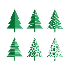 Vector set of flat green Christmas trees. Forest of fir trees. 
