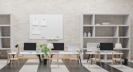 Modern office with computers mockup. Black screen. 3d illustration