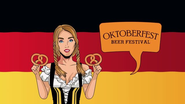 happy oktoberfest celebration animation with sexy girl lifting pretzels and germany flag