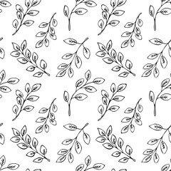 Seamless floral pattern with black hand drawn leaves on white background.