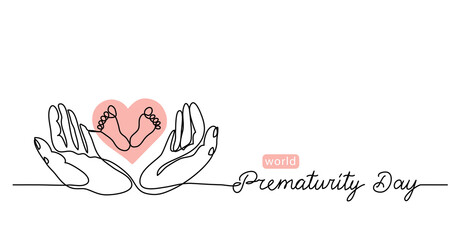 World Prematurity Day simple vector banner, background with small feet in the hands. One continuous line drawing with lettering Prematurity Day.