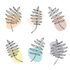 Set of ornamental leaves with color shapes. Hand drawn vector illustrations on white background.