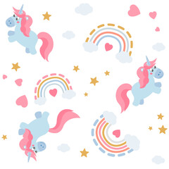 Childish pattern of Unicorns, hand drawn vector illustration background, kids design great for textile and texture fabric, wrapping, apparel.