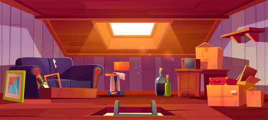 Attic room with ladder in hatch, old things, roof window and furniture. Discreet garret place with antique radio, sofa, carton boxes, wine bottles, table and suitcase. Cartoon vector illustration © klyaksun