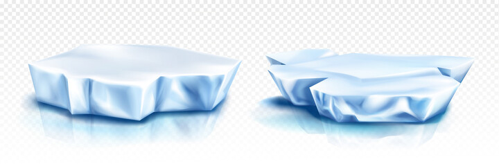 Glaciers, iceberg pieces, blue blocks of ice, frozen water and snow isolated on transparent background. Vector realistic set of cold arctic, polar or antarctic floes drifting in sea