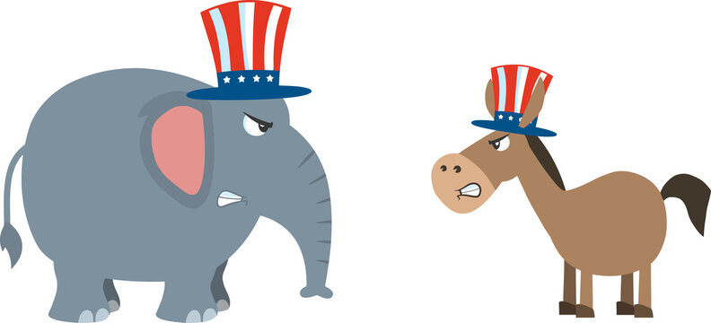 Political Elephant Republican Vs Donkey Democrat. Vector Illustration Flat Design Style Isolated On White Background