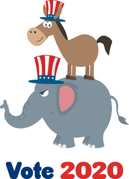 Smiling Donkey Democrat Over Angry Elephant Republican. Vector Illustration Flat Design Style Isolated On White Background With Text