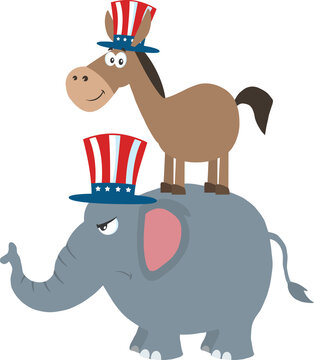 Smiling Donkey Democrat Over Angry Elephant Republican. Vector Illustration Flat Design Style Isolated On White Background