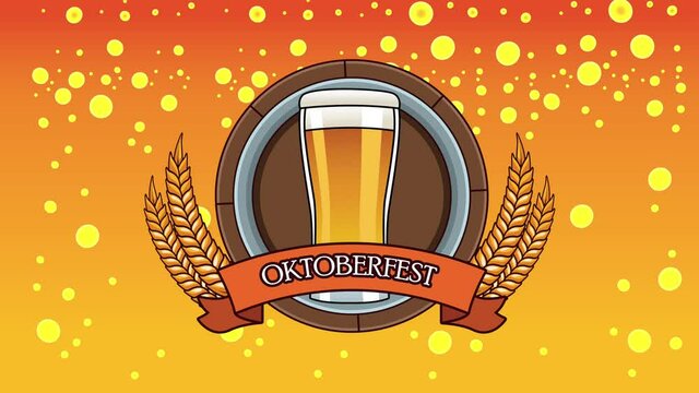 happy oktoberfest celebration animation with beer emblem