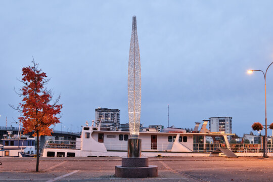 Joensuu, Finland - October 3, 2019: The Art work "Valke" located in Joensuu Passenger Harbor along Rantakatu. Created in 2007, the work was designed by Jukka Niskanen and Teijo Karhu.