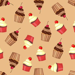 Cupcakes decorated with berries. Seamless pattern. Cakes on a brown background. Vector illustration.