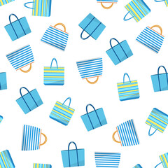 Blue striped beach bags. Seamless pattern. Objects on a white background. Vector illustration.