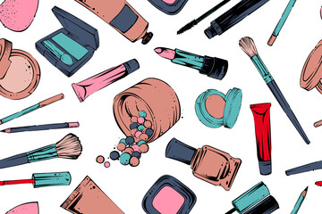 Seamless pattern of make up products, color, vector