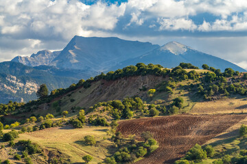 Dramatic sea and mountain landscapes along the backroads of the Northern Peloponnese Peninsula,...