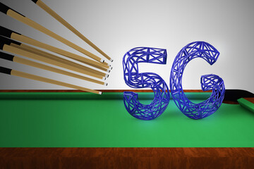 Many cue sticks aiming to hitting a 5G letter in a shape of telecommunication tower on a pool table. Cooperation or teamwork or Possibilities and flexibilities it can do concept. 3D Render