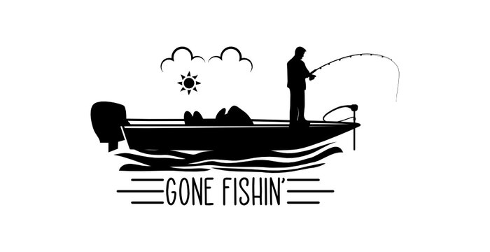 A vector silhouette of two men fishing on a bass boat. Stock Vector