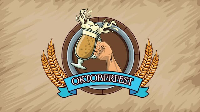 happy oktoberfest celebration animation with hand lifting beer