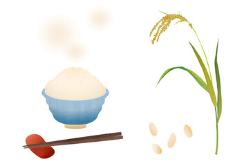 炊きたてご飯と稲穂・米粒の素材イラスト