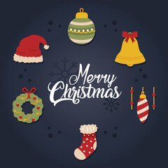 merry christmas lettering design with christmas wreath and related icons around, handrawn style