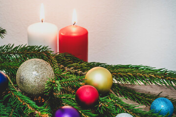 spruce branches, candles,christmas background
