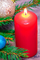 spruce branches, candle,christmas background