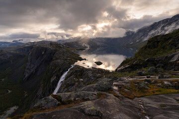 norway mountain with lake and waterfall