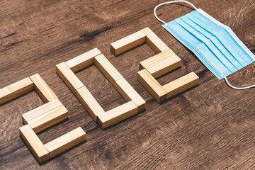 Medical Mask, Date and numbers 2021. Text 202 and face-guard.