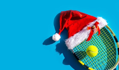 Santa Claus hat on tennis racket with ball on blue background.