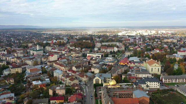 Aerial drone view of an old European city -Drohobych. Cityscape with architecture and city life