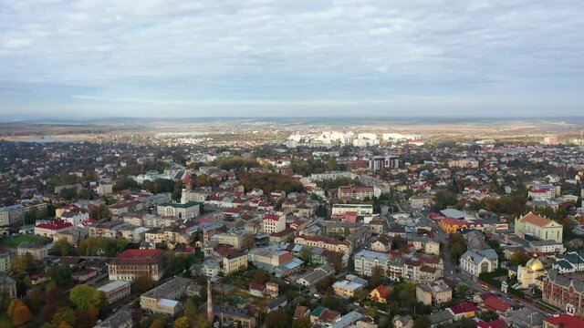 Aerial cityscape with view of downtown of Drohobych city. Old European city with great architecture, interesting history and famous persons like Yuriy Drohobych (Kotermak), Ivan Franko, Bruno Schulz