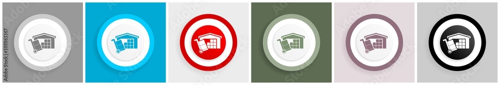 Aufkleber warehouse and shipping barrow, delivery, freight concept icon set, colorful flat design vector illus