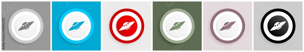 Aufkleber Ufo, alien spaceship icon set, colorful flat design vector illustrations in 6 options for web design and mobile applications