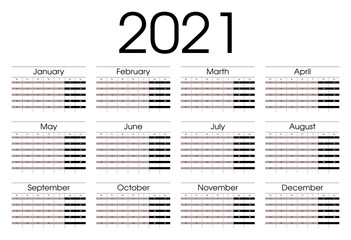 Calendar 2021. Planner 2021 year. Calendar design template. English calender. Сolor vector. Week starts on Sunday.